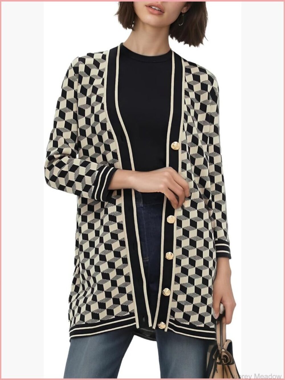 Open Front Cardigan Sweater Button Down 3/4 Sleeve Plaid Lightweight Knit